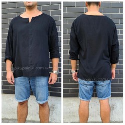 Рубашка пляжная мужская черная хлопок туника мужская на море лёгкая тонкая - 420-02